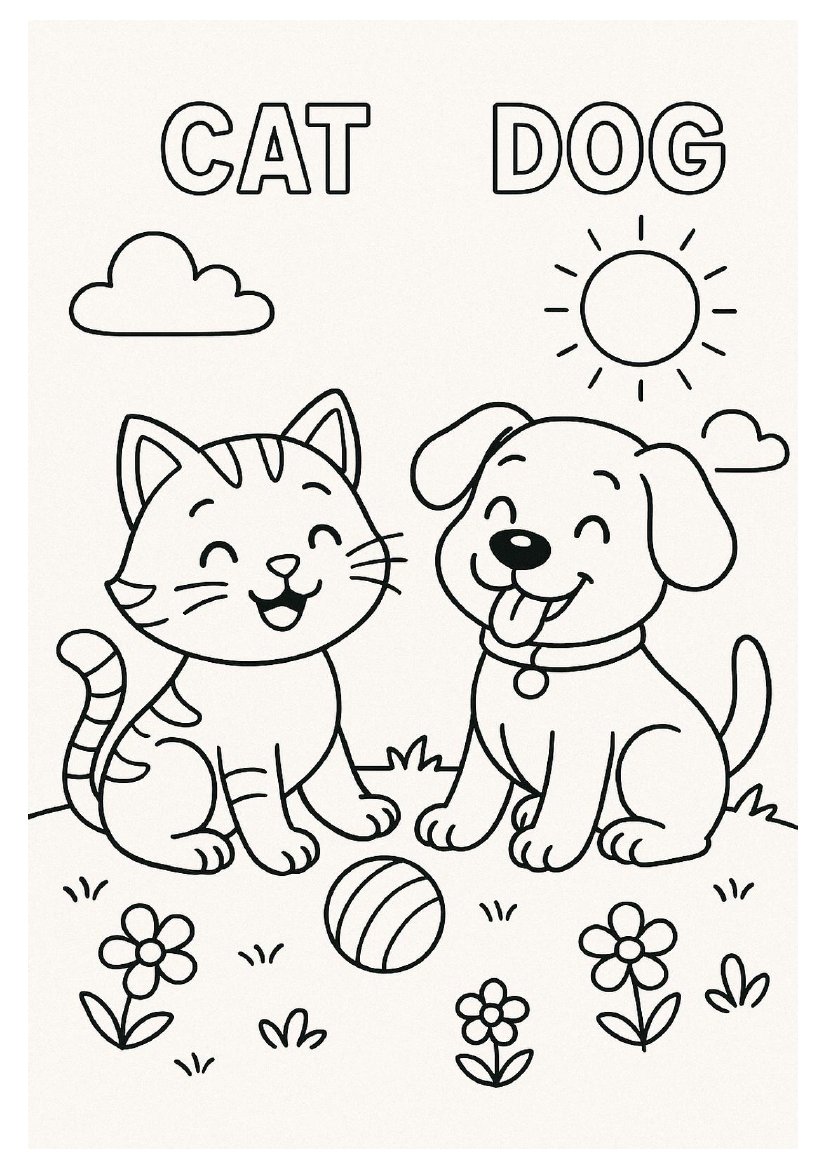 Free printable cat and dog coloring page