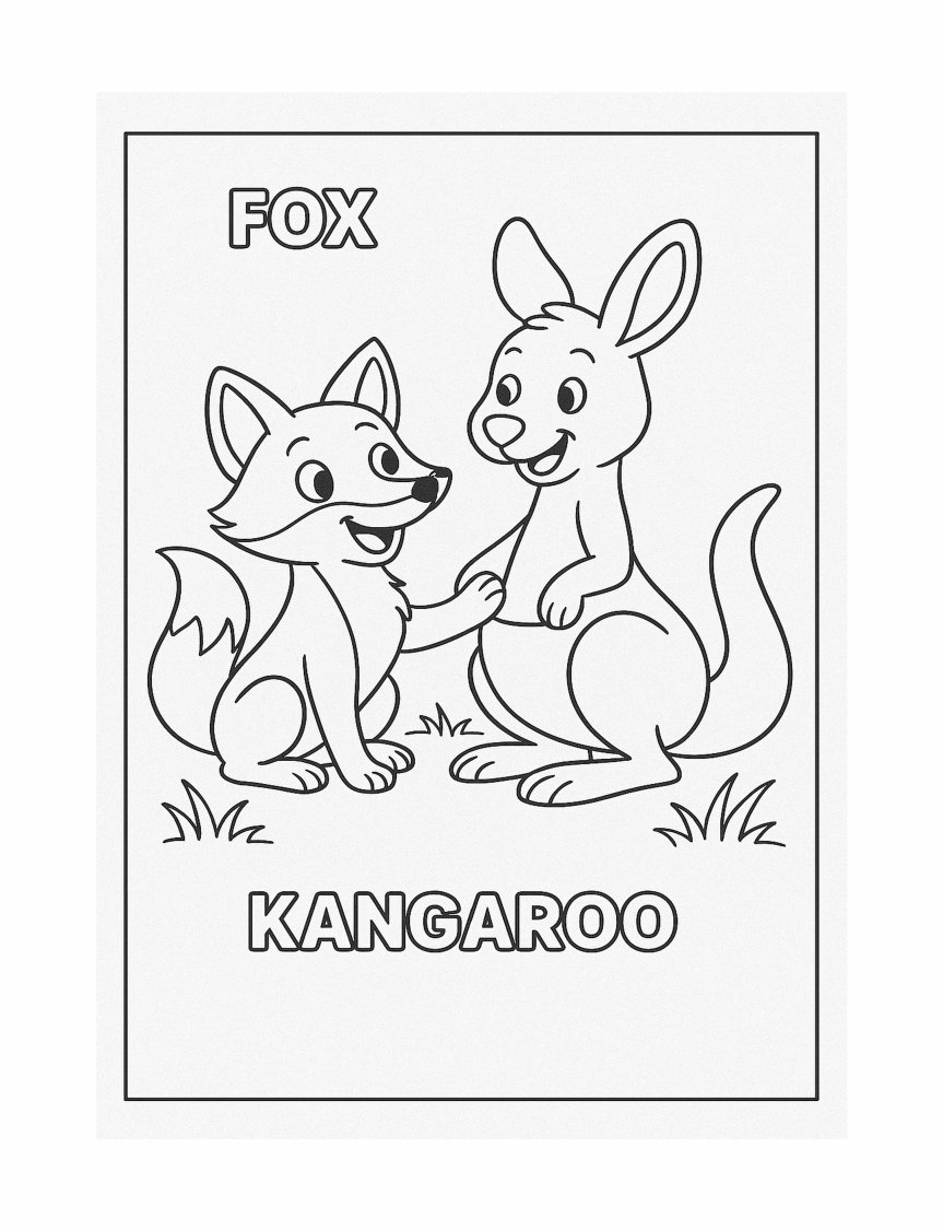 Free printable fox and kangaroo coloring page
